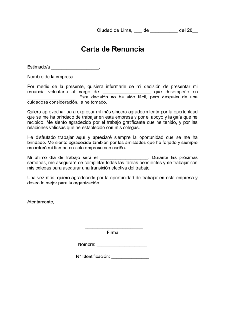 modelo de carta de renuncia laboral voluntaria y agradecimiento en pdf