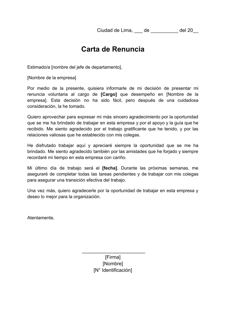 formato de carta de renuncia laboral voluntaria y agradecimiento en word