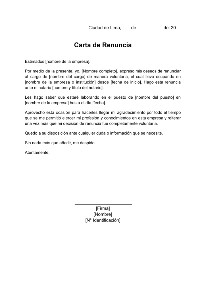 formato de carta de renuncia notarial en word