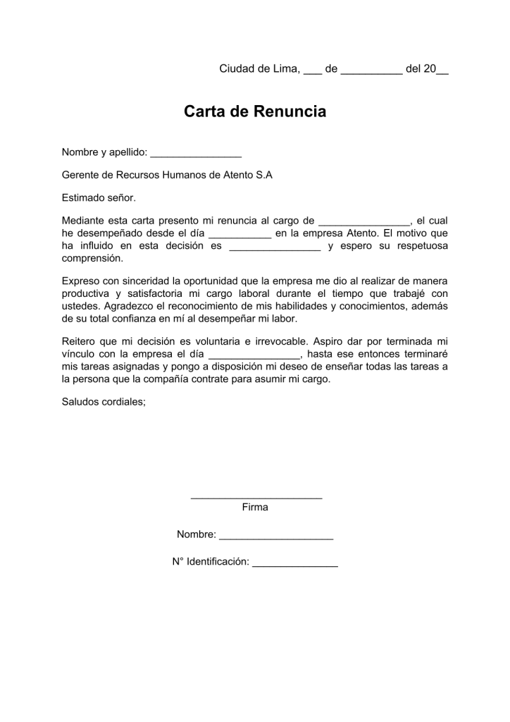 modelo de carta de renuncia para Atento en pdf
