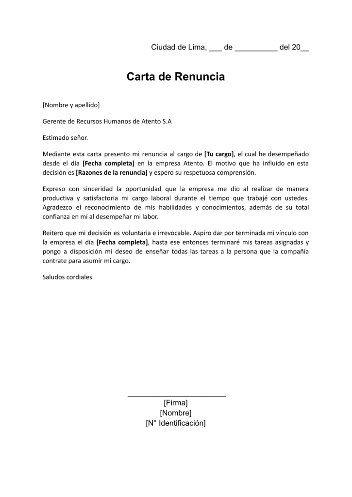 formato de carta de renuncia para Atento en word