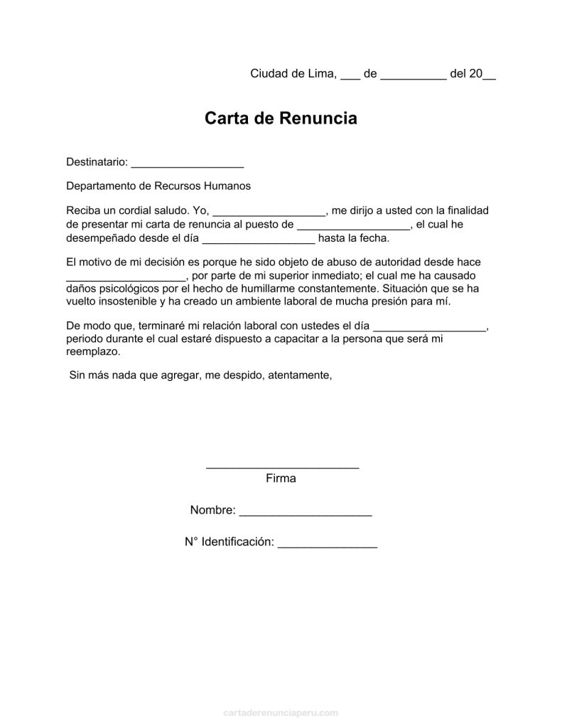 modelo de carta de renuncia por abuso de autoridad en pdf