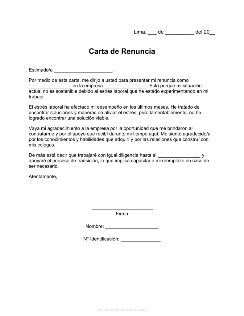 modelo de carta de renuncia por estrés laboral en pdf