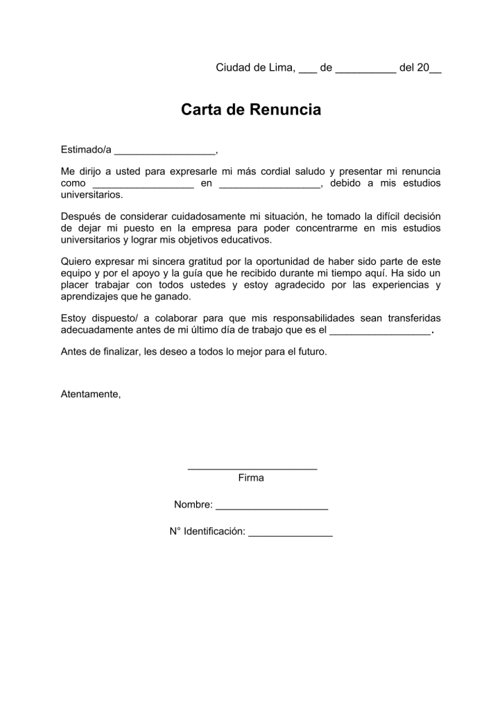 modelo de carta de renuncia por estudios universitarios en pdf