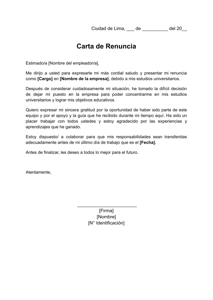 formato de carta de renuncia por estudios universitarios en word