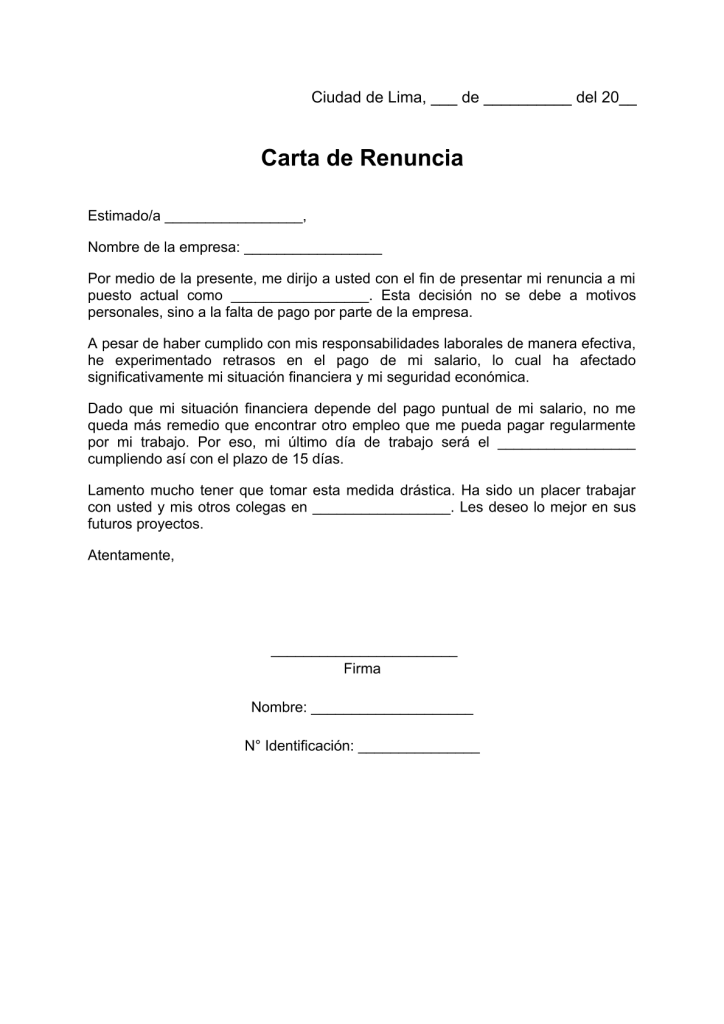 modelo de carta de renuncia por falta de pago en pdf