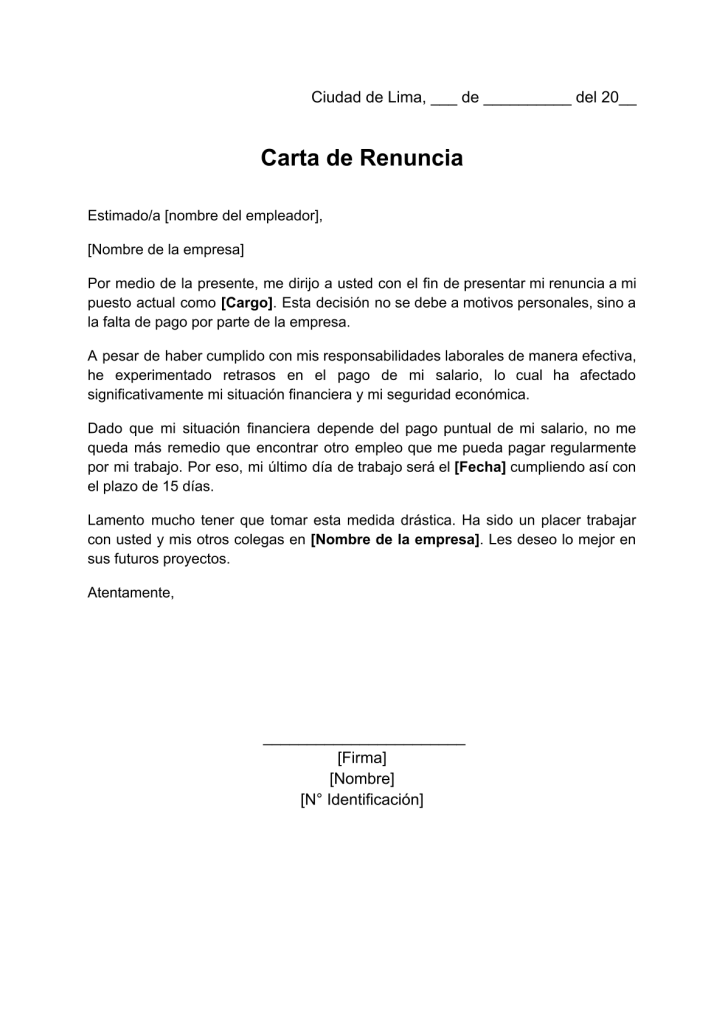 formato de carta de renuncia por falta de pago en word