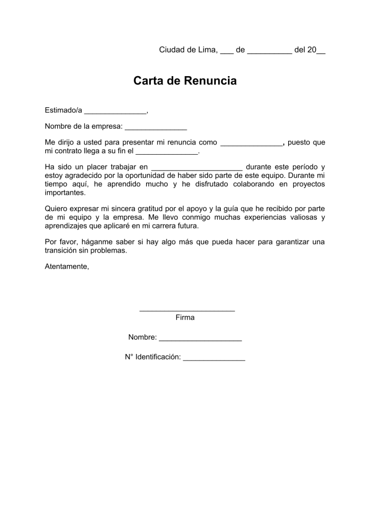 modelo de carta de renuncia por fin de contrato en pdf