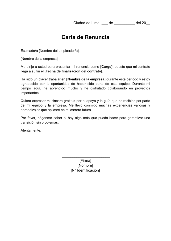 formato de carta de renuncia por fin de contrato en word