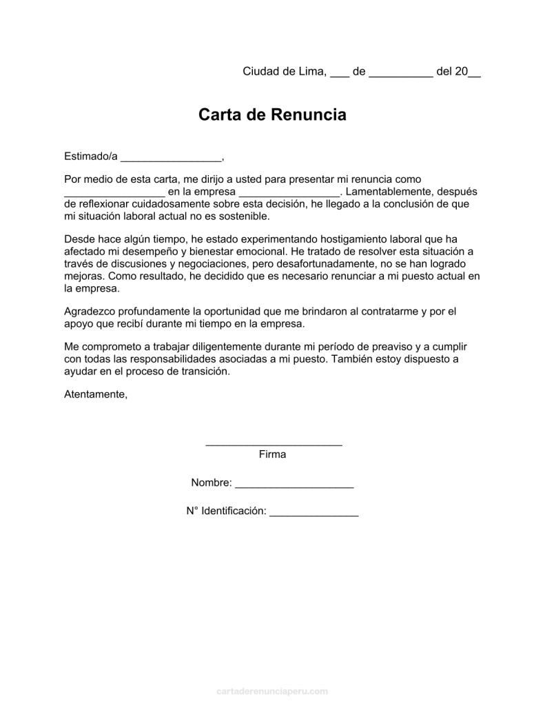 modelo de carta de renuncia por hostigamiento laboral en pdf