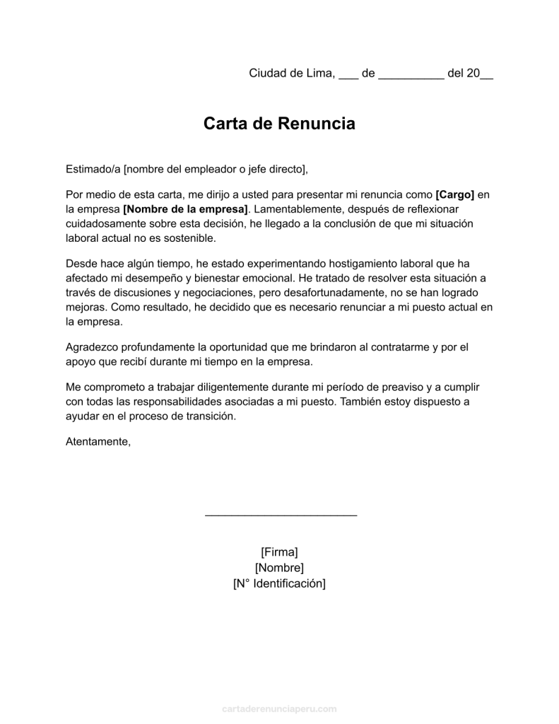 formato de carta de renuncia por hostigamiento laboral en word