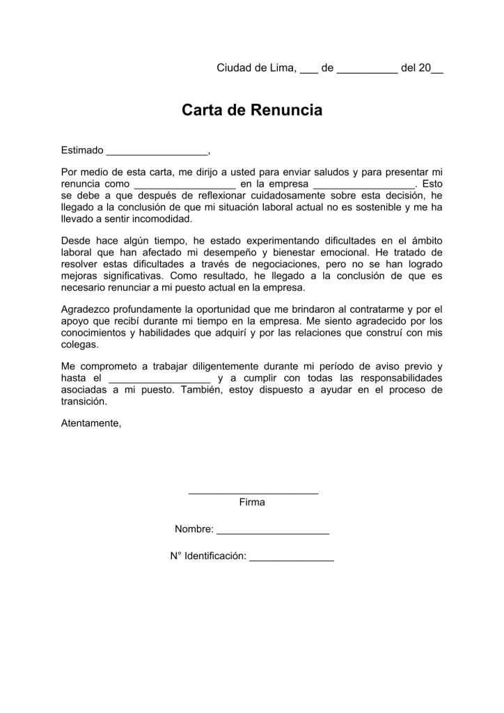 modelo de carta de renuncia por incomodidad laboral en pdf
