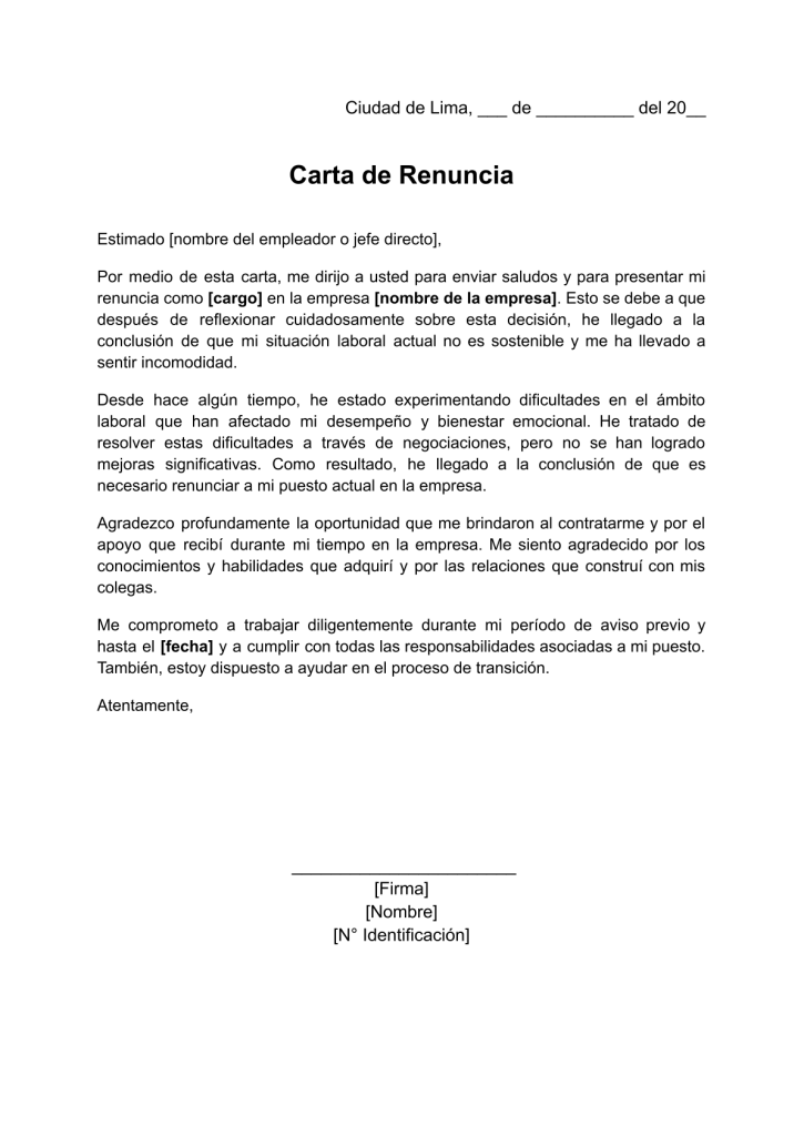 formato de carta de renuncia por incomodidad laboral en word