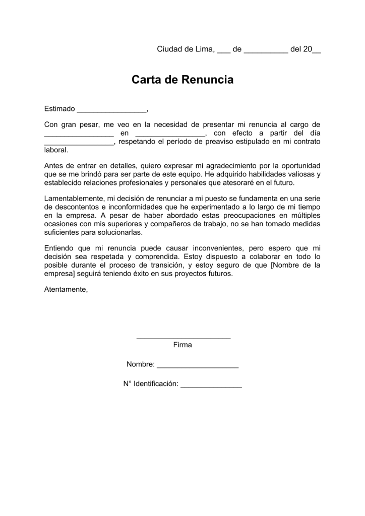 modelo de carta de renuncia por inconformidad en pdf