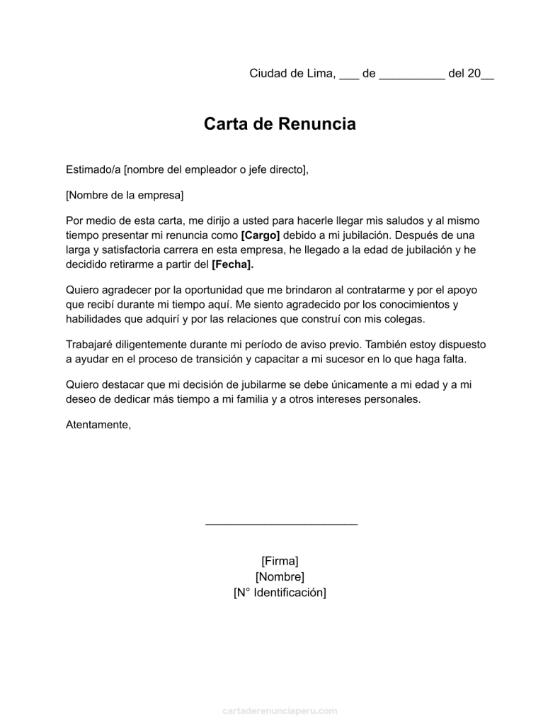 formato de carta de renuncia por jubilación en word