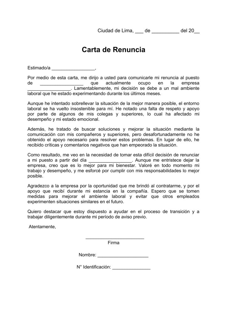modelo de carta de renuncia por mal ambiente laboral en pdf
