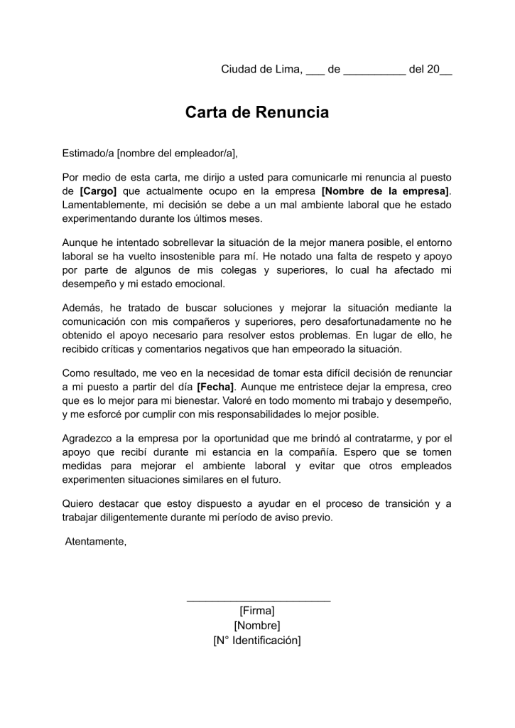 formato de carta de renuncia por mal ambiente laboral en word