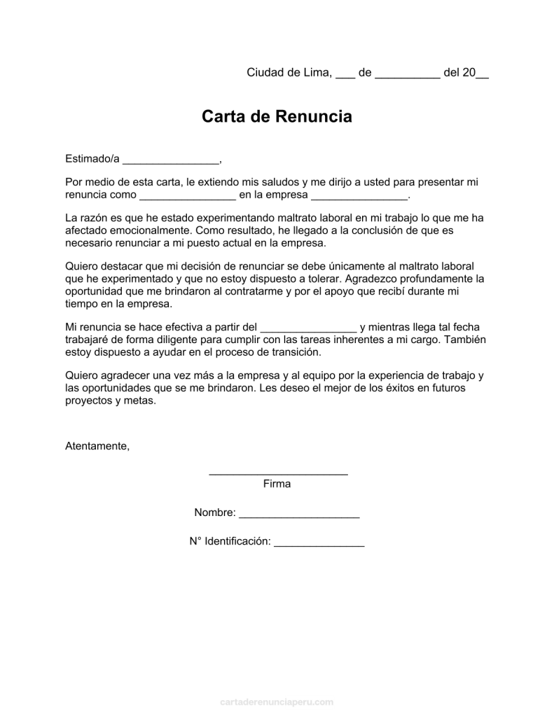 modelo de carta de renuncia por maltrato laboral en pdf