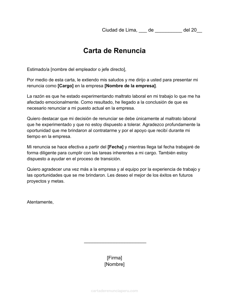 formato de carta de renuncia por maltrato laboral en word