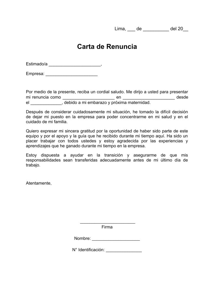 modelo de carta de renuncia por maternidad en pdf