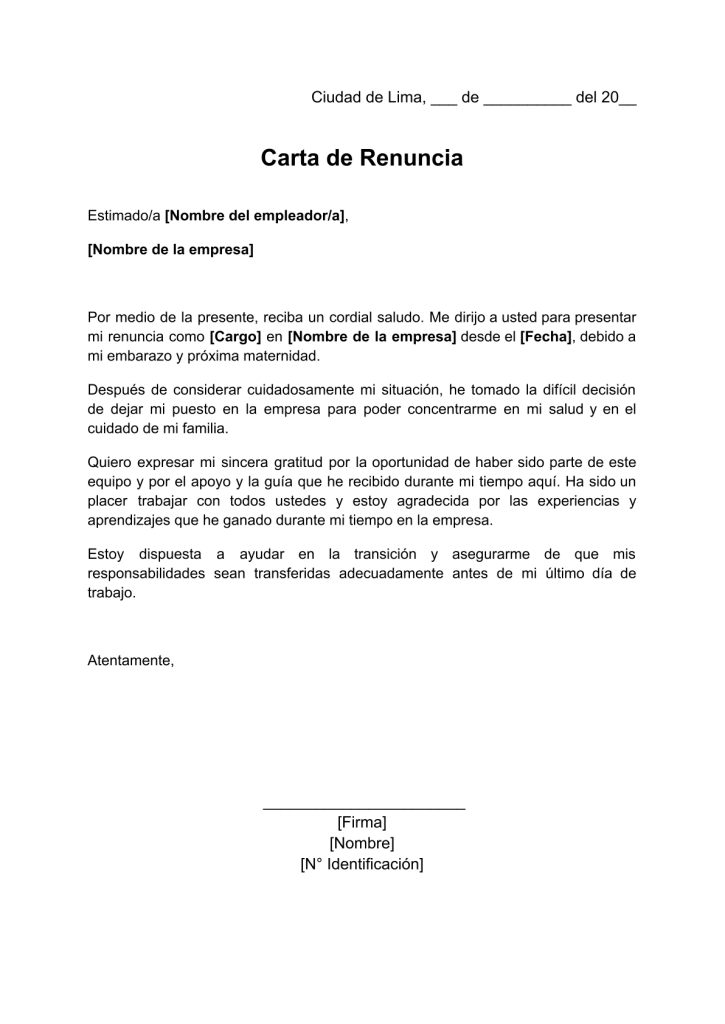 formato de carta de renuncia por maternidad en word