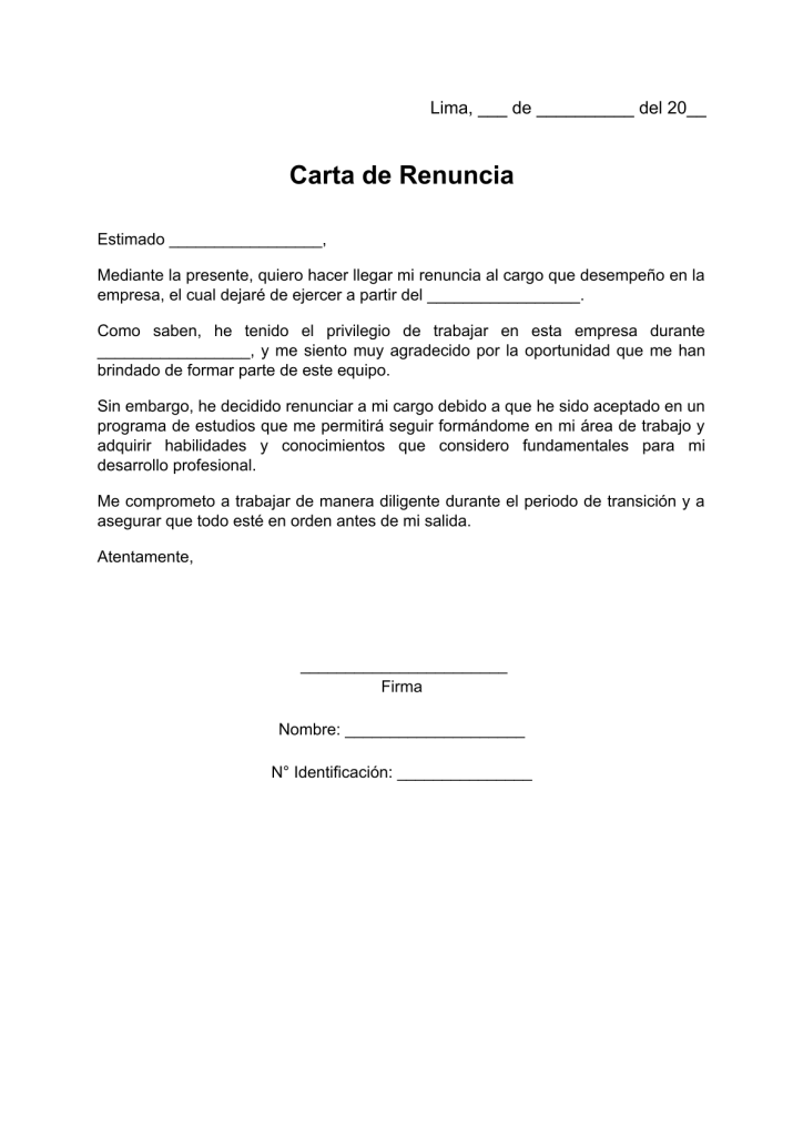 formato de carta de renuncia por motivos de estudios en pdf