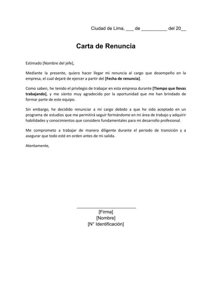 formato de carta de renuncia por motivos de estudios en word