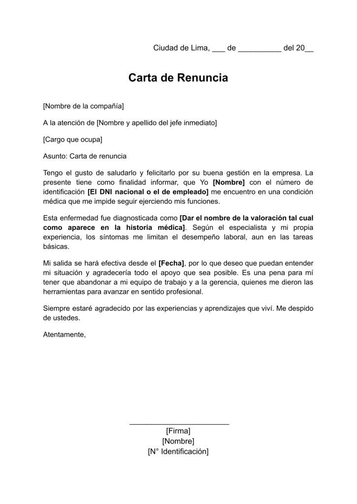 formato de carta de renuncia por motivos de salud en word