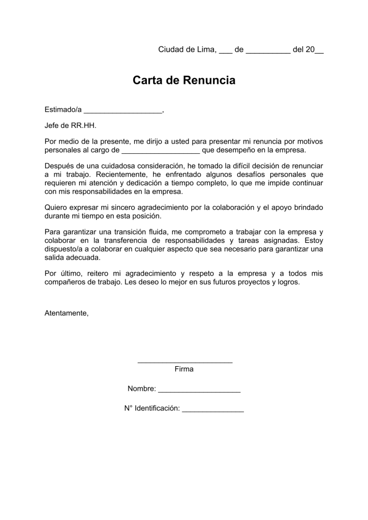 modelo de carta de renuncia por motivos personales en pdf