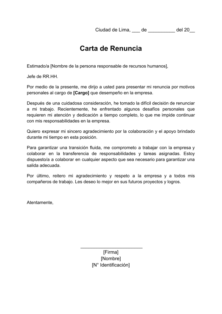 formato de carta de renuncia por motivos personales en word