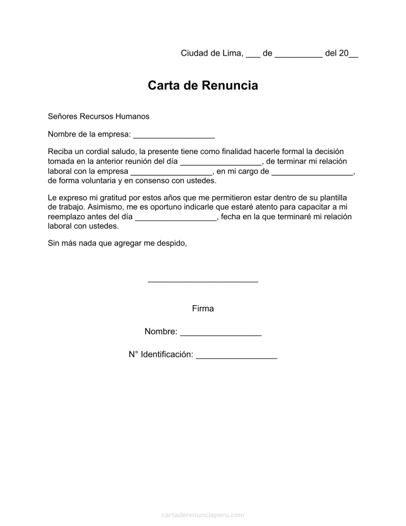 modelo de carta de renuncia por mutuo acuerdo en pdf