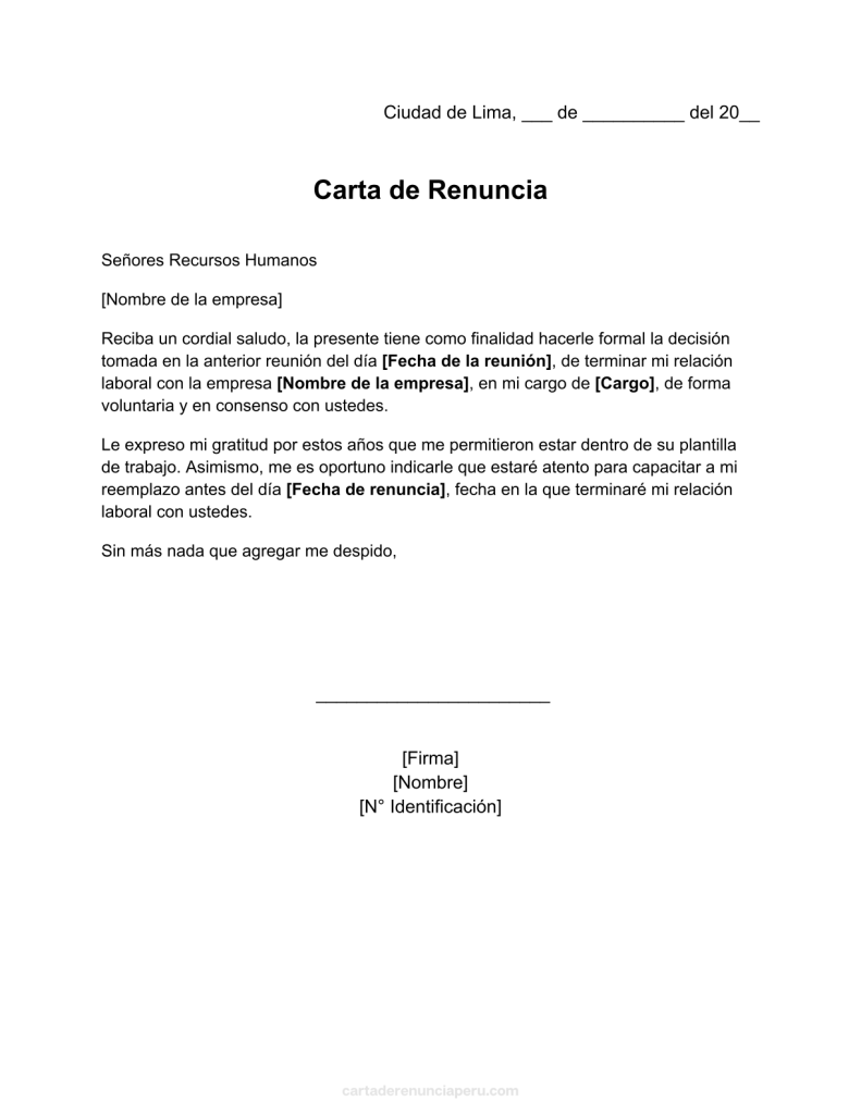 formato de carta de renuncia por mutuo acuerdo en word