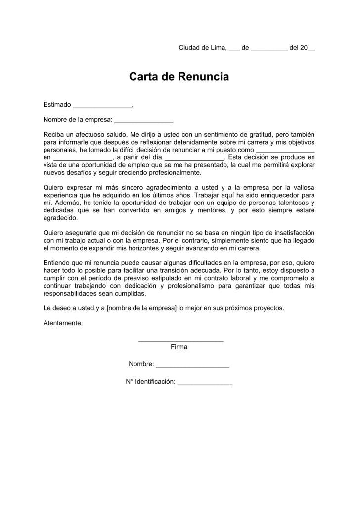 modelo de carta de renuncia por nuevo trabajo en pdf