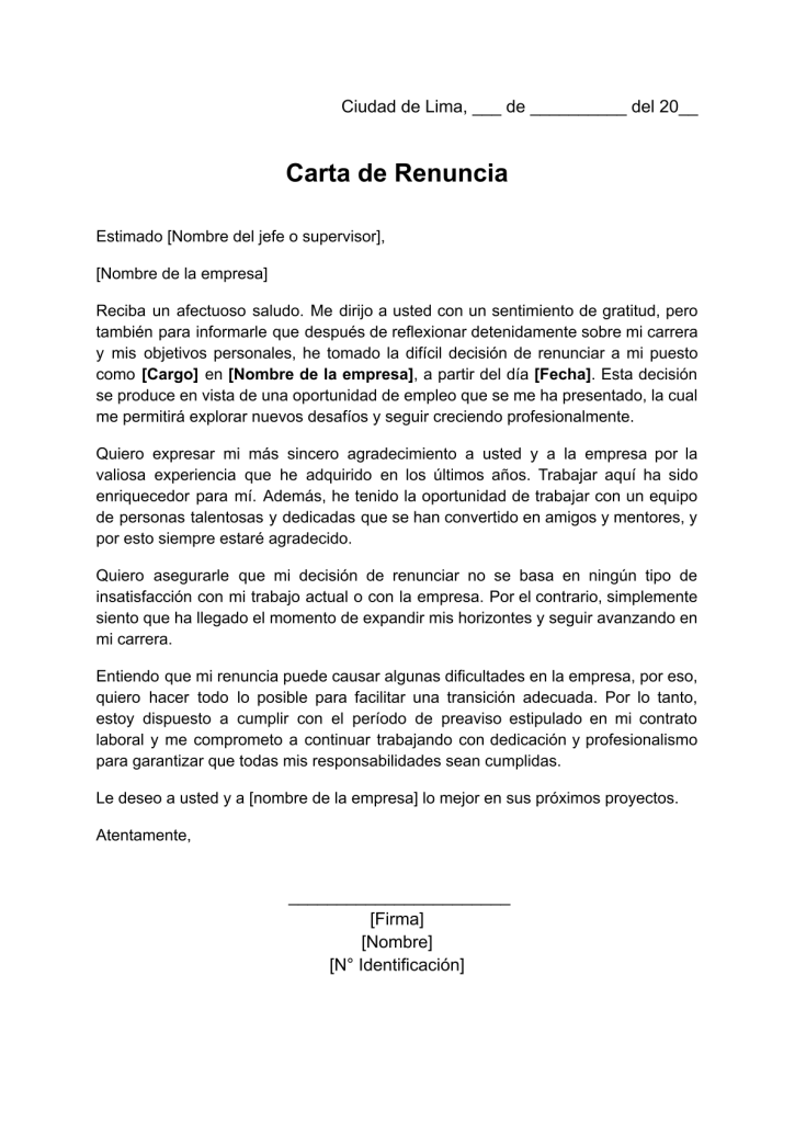 formato de carta de renuncia por nuevo trabajo en word