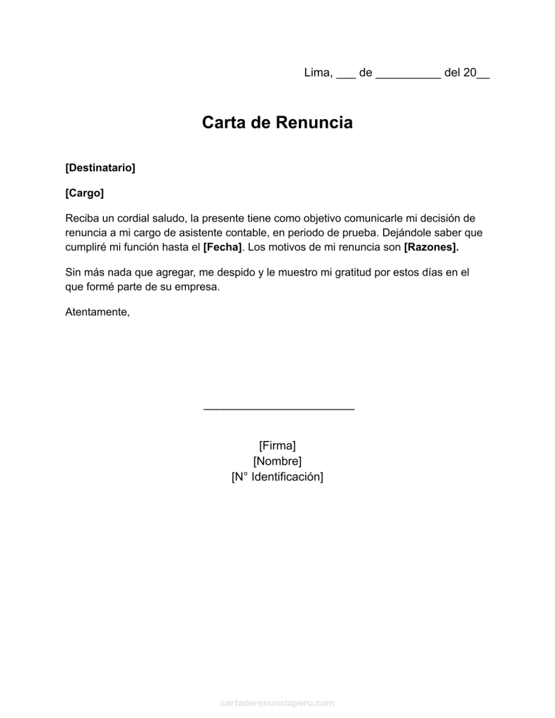 formato de carta de renuncia por periodo de prueba en word
