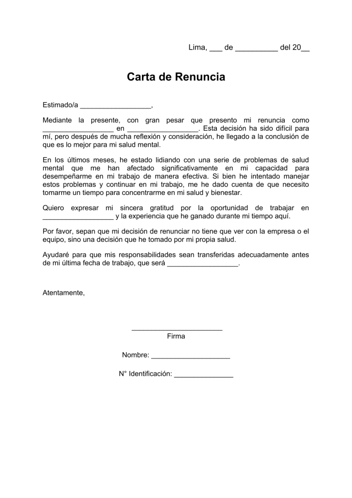 modelo de carta de renuncia por salud mental en pdf