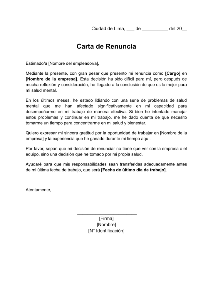 formato de carta de renuncia por salud mental en word