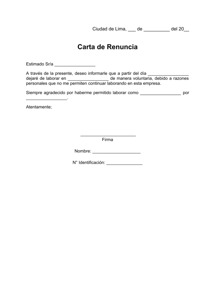 modelo de carta de renuncia sencilla en pdf