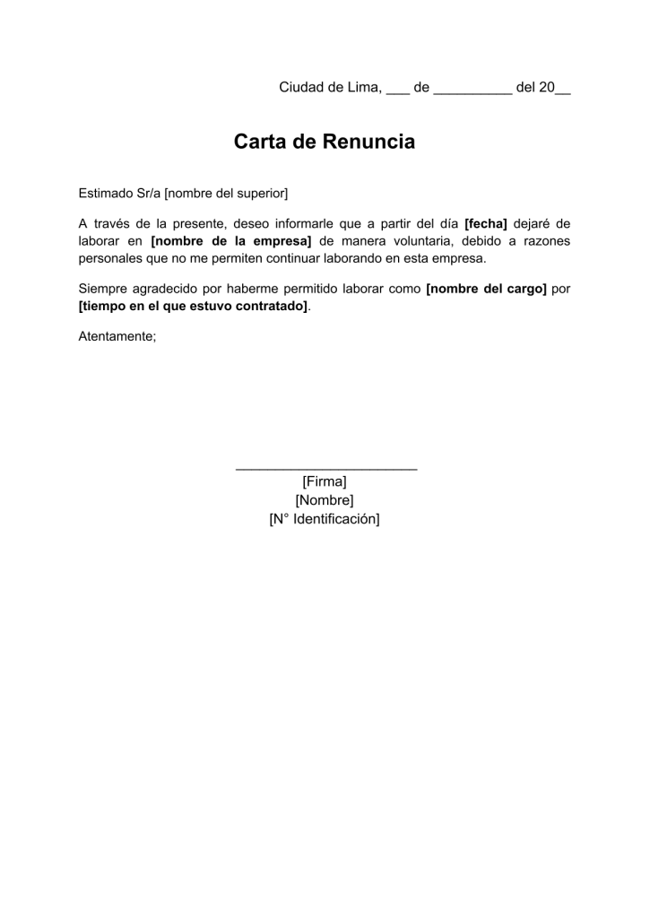 formato de carta de renuncia sencilla en word
