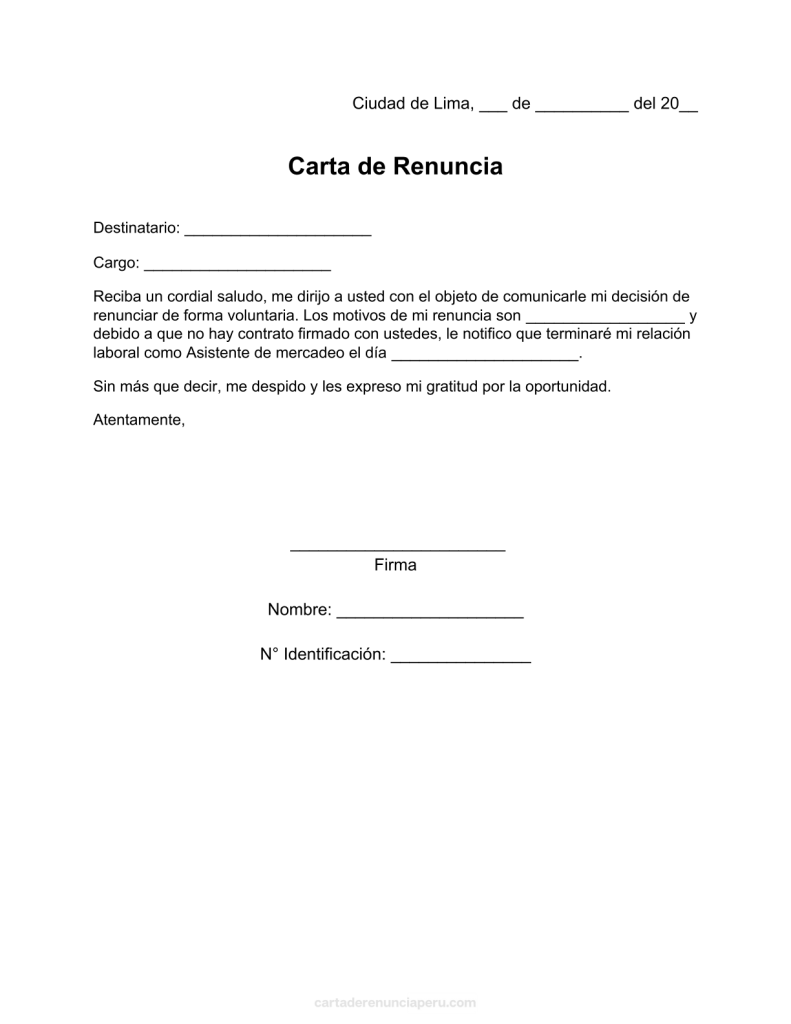 modelo de carta de renuncia sin contrato laboral en pdf
