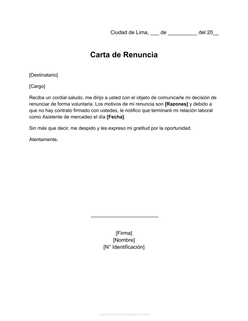 formato de carta de renuncia sin contrato laboral en word