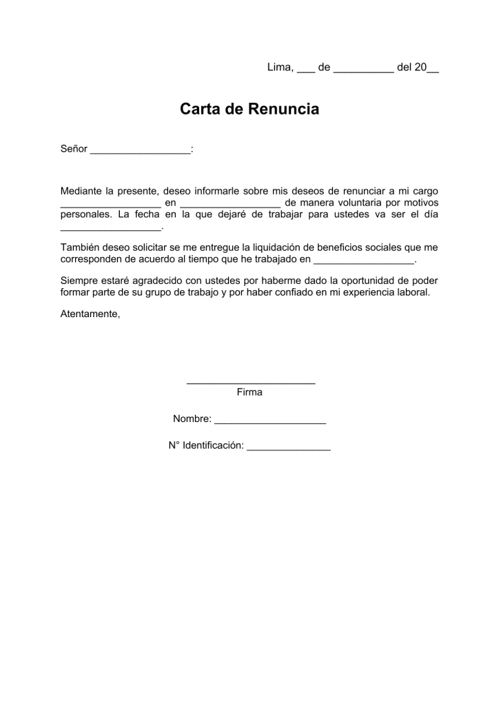modelo de carta de renuncia solicitando liquidación en pdf