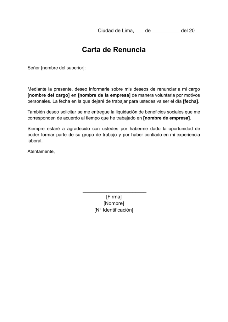formato de carta de renuncia solicitando liquidación en word