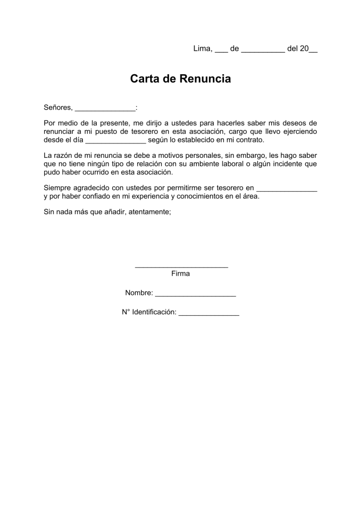 modelo de carta de renuncia tesorero asociación en pdf