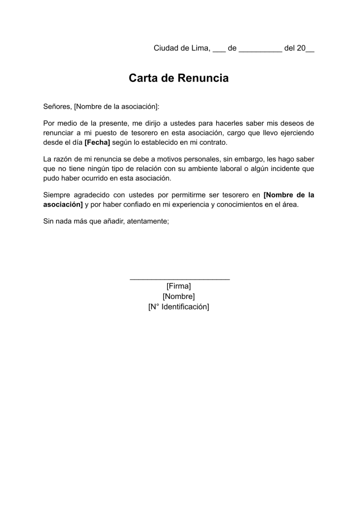 formato de carta de renuncia tesorero asociación en word