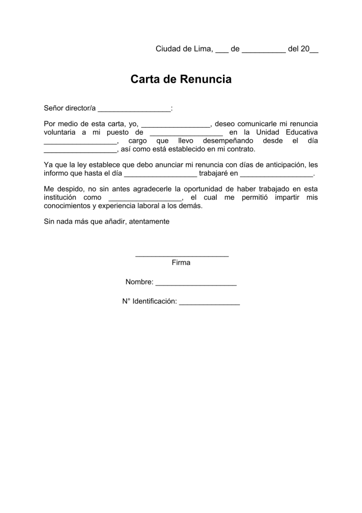modelo de carta de renuncia voluntaria a un colegio en pdf
