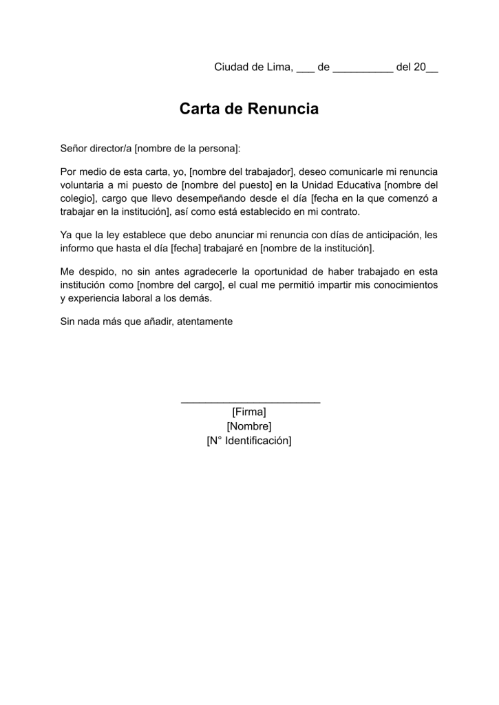 formato de carta de renuncia voluntaria a un colegio en word