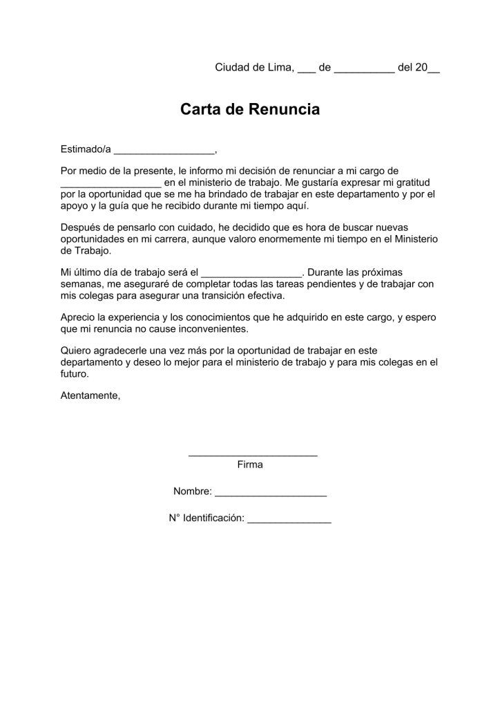 modelo de carta de renuncia voluntaria al ministerio de trabajo en pdf
