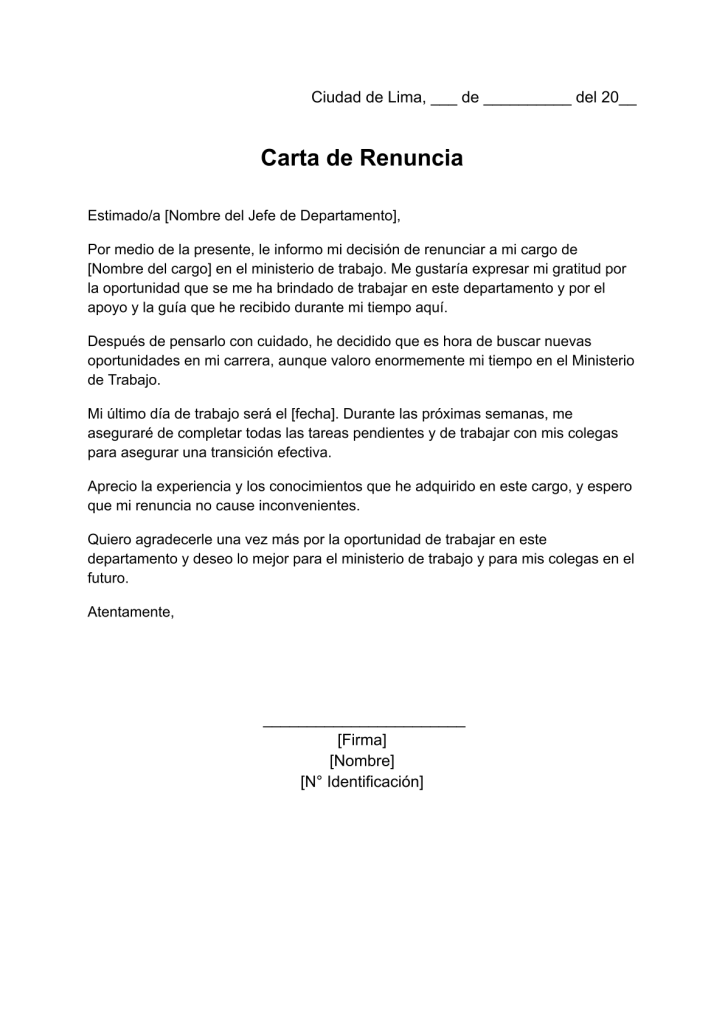 formato de carta de renuncia voluntaria al ministerio de trabajo en word