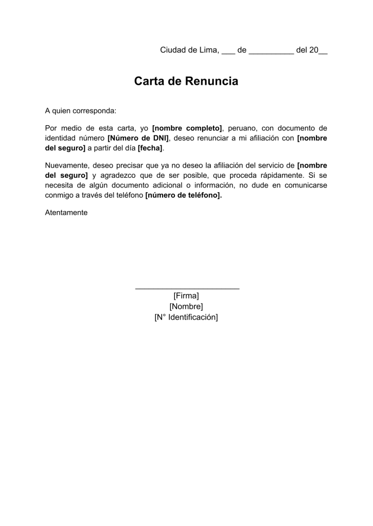 formato de carta de renuncia voluntaria al seguro social en word